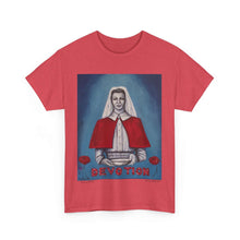 Load image into Gallery viewer, WWI Nurse in a red cape, holding a pan with red poppies and the word Devotion at the bottom