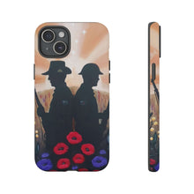 Load image into Gallery viewer, Phone case with an Australian and New Zealand soldier back to back with light-horsemen in the background and poppies in the foreground