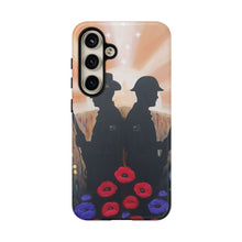 Load image into Gallery viewer, Phone case with an Australian and New Zealand soldier back to back with light-horsemen in the background and poppies in the foreground