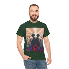Load image into Gallery viewer, T-shirt with an Australian and New Zealand soldier back to back with light-horsemen in the background and poppies in the foreground