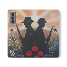 Load image into Gallery viewer, Phone case wallet with an Australian and New Zealand soldier back to back with light-horsemen in the background and poppies in the foreground