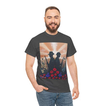 Load image into Gallery viewer, T-shirt with an Australian and New Zealand soldier back to back with light-horsemen in the background and poppies in the foreground