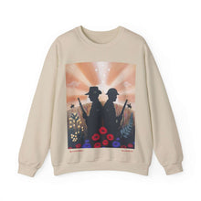 Load image into Gallery viewer, Sweatshirt with an Australian and New Zealand soldier back to back with light-horsemen in the background and poppies in the foreground