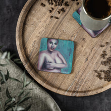 Load image into Gallery viewer, Corkwood underside, glossy finish top. 1 or 4pc sets. 9.5x9.5cm. Sassy woman embracing her curves, loving the skin she is in