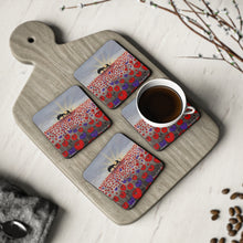 Load image into Gallery viewer, Corkwood underside, glossy finish on top. 1 or 4 pc sets. 9.5 x 9.5cm. Soldier & horse in a field of red & purple poppies