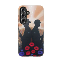 Load image into Gallery viewer, Phone case with an Australian and New Zealand soldier back to back with light-horsemen in the background and poppies in the foreground