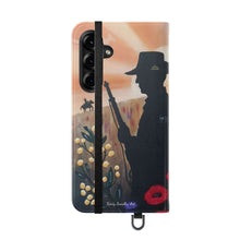Load image into Gallery viewer, Phone case wallet with an Australian and New Zealand soldier back to back with light-horsemen in the background and poppies in the foreground