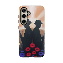 Load image into Gallery viewer, Phone case with an Australian and New Zealand soldier back to back with light-horsemen in the background and poppies in the foreground