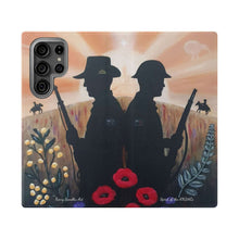 Load image into Gallery viewer, Phone case wallet with an Australian and New Zealand soldier back to back with light-horsemen in the background and poppies in the foreground