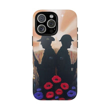 Load image into Gallery viewer, Phone case with an Australian and New Zealand soldier back to back with light-horsemen in the background and poppies in the foreground