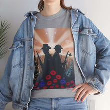 Load image into Gallery viewer, T-shirt with an Australian and New Zealand soldier back to back with light-horsemen in the background and poppies in the foreground