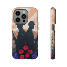 Load image into Gallery viewer, Phone case with an Australian and New Zealand soldier back to back with light-horsemen in the background and poppies in the foreground