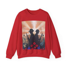 Load image into Gallery viewer, Sweatshirt with an Australian and New Zealand soldier back to back with light-horsemen in the background and poppies in the foreground