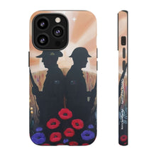 Load image into Gallery viewer, Phone case with an Australian and New Zealand soldier back to back with light-horsemen in the background and poppies in the foreground