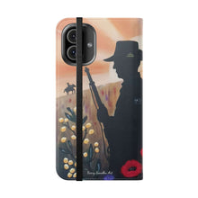 Load image into Gallery viewer, Phone case wallet with an Australian and New Zealand soldier back to back with light-horsemen in the background and poppies in the foreground