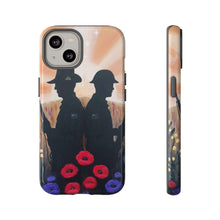 Load image into Gallery viewer, Phone case with an Australian and New Zealand soldier back to back with light-horsemen in the background and poppies in the foreground