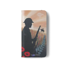 Load image into Gallery viewer, Phone case wallet with an Australian and New Zealand soldier back to back with light-horsemen in the background and poppies in the foreground