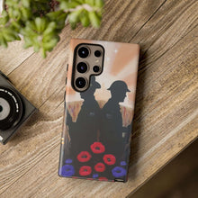 Load image into Gallery viewer, Phone case with an Australian and New Zealand soldier back to back with light-horsemen in the background and poppies in the foreground