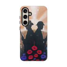 Load image into Gallery viewer, Phone case with an Australian and New Zealand soldier back to back with light-horsemen in the background and poppies in the foreground