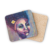 Load image into Gallery viewer, Corkwood underside, glossy finish on top. 1 or 4 pc sets. 9.5 x 9.5cm. Bold coloured portrait of a sassy woman with an afro