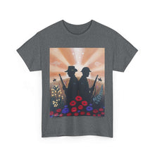 Load image into Gallery viewer, T-shirt with an Australian and New Zealand soldier back to back with light-horsemen in the background and poppies in the foreground