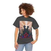 Load image into Gallery viewer, T-shirt with an Australian and New Zealand soldier back to back with light-horsemen in the background and poppies in the foreground