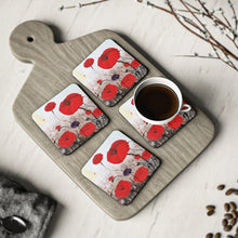 Load image into Gallery viewer, Corkwood underside, glossy finish on top. 1 or 4 pc sets. 9.5x9.5cm. ANZAC inspired red poppies for fallen service personnel