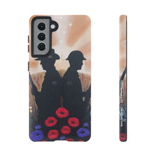 Load image into Gallery viewer, Phone case with an Australian and New Zealand soldier back to back with light-horsemen in the background and poppies in the foreground
