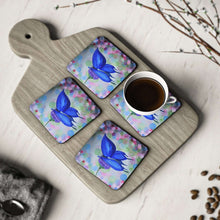 Load image into Gallery viewer, Corkwood underside, glossy finish on top. Comes in 1 or 4 pc sets 9.5 x 9.5cm. Blue butterfly on flower & abstract background