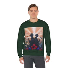 Load image into Gallery viewer, Sweatshirt with an Australian and New Zealand soldier back to back with light-horsemen in the background and poppies in the foreground
