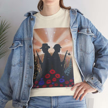 Load image into Gallery viewer, T-shirt with an Australian and New Zealand soldier back to back with light-horsemen in the background and poppies in the foreground