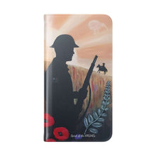 Load image into Gallery viewer, Phone case wallet with an Australian and New Zealand soldier back to back with light-horsemen in the background and poppies in the foreground