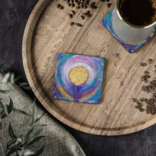 Load image into Gallery viewer, Corkwood underside, glossy finish on top. 1 or 4 pc sets. 9.5 x 9.5cm. Abstract flower with gold & colourful background