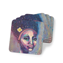 Load image into Gallery viewer, Corkwood underside, glossy finish on top. 1 or 4 pc sets. 9.5 x 9.5cm. Bold coloured portrait of a sassy woman with an afro