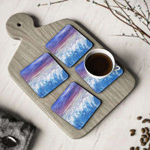 Load image into Gallery viewer, Corkwood underside, glossy finish on top. 1 or 4 pc sets. 9.5 x 9.5cm. Abstract ocean waves and sunset