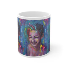 Load image into Gallery viewer, 11oz BPA, lead-free, microwave/dishwasher safe, white ceramic, vivid colours. Many original artworks by Kerry Sandhu Art