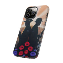 Load image into Gallery viewer, Phone case with an Australian and New Zealand soldier back to back with light-horsemen in the background and poppies in the foreground