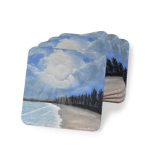 Load image into Gallery viewer, Corkwood underside, glossy finish on top. 1 or 4 pc sets. 9.5 x 9.5cm. Safety Bay Beach, West Australia. Pines, rays & beach