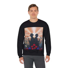 Load image into Gallery viewer, Sweatshirt with an Australian and New Zealand soldier back to back with light-horsemen in the background and poppies in the foreground