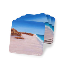 Load image into Gallery viewer, Corkwood underside, glossy finish on top. 1 or 4 pc sets. 9.5 x 9.5cm. Gantheaume Point, Broome Western Australia.