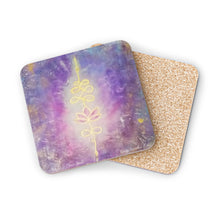 Load image into Gallery viewer, Corkwood underside, glossy finish on top. 1 or 4 pc sets. 9.5x9.5cm. Spiritual symbol of a unalome on purple background