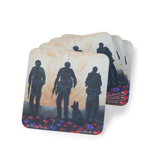 Load image into Gallery viewer, Corkwood underside, glossy finish on top. 1 or 4 pc sets. 9.5 x 9.5cm. ANZAC Soldiers & dog in a poppy field w/ an F-18 jet