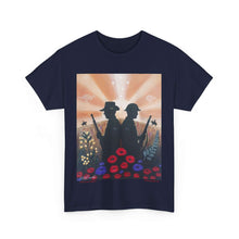 Load image into Gallery viewer, T-shirt with an Australian and New Zealand soldier back to back with light-horsemen in the background and poppies in the foreground