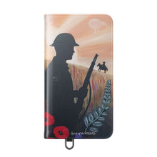 Load image into Gallery viewer, Phone case wallet with an Australian and New Zealand soldier back to back with light-horsemen in the background and poppies in the foreground