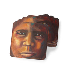 Load image into Gallery viewer, Corkwood underside, glossy finish on top. 1 or 4 pc sets. 9.5 x 9.5cm. Close up portrait of a First Nations Aboriginal