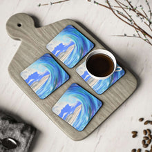 Load image into Gallery viewer, Corkwood underside, glossy finish on top. 1 or 4 pc sets. 9.5 x 9.5cm. Wave crashing at a beach