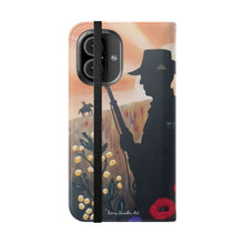 Load image into Gallery viewer, Phone case wallet with an Australian and New Zealand soldier back to back with light-horsemen in the background and poppies in the foreground