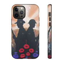 Load image into Gallery viewer, Phone case with an Australian and New Zealand soldier back to back with light-horsemen in the background and poppies in the foreground