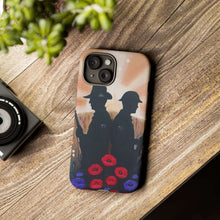 Load image into Gallery viewer, Phone case with an Australian and New Zealand soldier back to back with light-horsemen in the background and poppies in the foreground