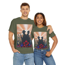 Load image into Gallery viewer, T-shirt with an Australian and New Zealand soldier back to back with light-horsemen in the background and poppies in the foreground